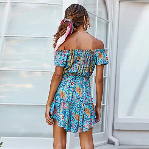 Mini Vestido Mujer Elegante Moda Cortos Vestidos Manga Corta Barco Cuello Flores Impresión De Tiras Vestido Verano Plisado Casual Beach Vestido Mujer Fiesta (Verde,L)