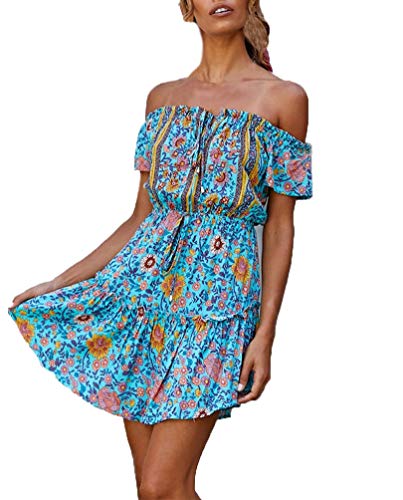 Mini Vestido Mujer Elegante Moda Cortos Vestidos Manga Corta Barco Cuello Flores Impresión De Tiras Vestido Verano Plisado Casual Beach Vestido Mujer Fiesta (Verde,L)