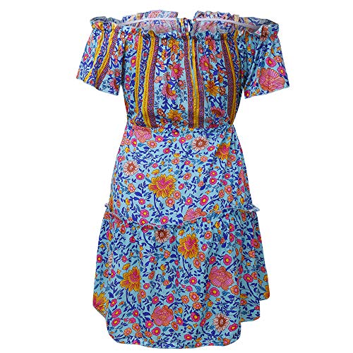 Mini Vestido Mujer Elegante Moda Cortos Vestidos Manga Corta Barco Cuello Flores Impresión De Tiras Vestido Verano Plisado Casual Beach Vestido Mujer Fiesta (Verde,L)