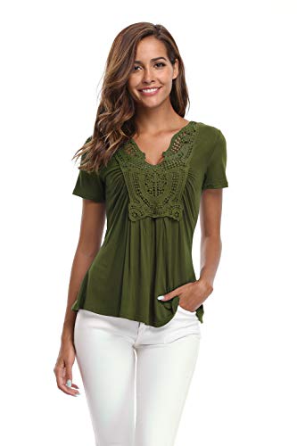 MISS MOLY Blusas y para Mujeres Camisas clásicas con Cuello en V con Pliegues acanaladas Llanura Delantera Verde Militar - M