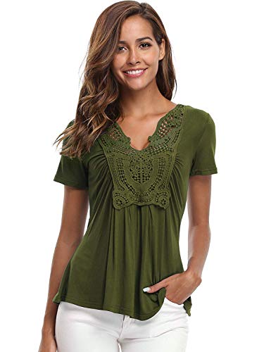 MISS MOLY Blusas y para Mujeres Camisas clásicas con Cuello en V con Pliegues acanaladas Llanura Delantera Verde Militar - M