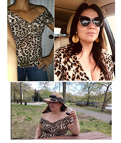 MISS MOLY Estampado de Leopardo Top Mujeres Camisas con Cuello en v Sexy Torcida Frente Blusas Casuales Túnicas Delgadas - M