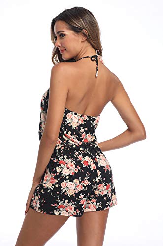 MISS MOLY Mono Mujer Traje de Verano Cuello en V Trajes de Mameluco Correa de Espagueti Sin Mangas Halterneck Jumpsuit Playsuit Estampado Floral Small