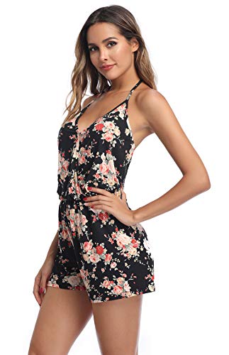 MISS MOLY Mono Mujer Traje de Verano Cuello en V Trajes de Mameluco Correa de Espagueti Sin Mangas Halterneck Jumpsuit Playsuit Estampado Floral Small