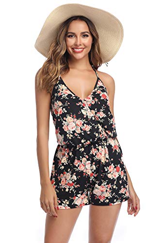 MISS MOLY Mono Mujer Traje de Verano Cuello en V Trajes de Mameluco Correa de Espagueti Sin Mangas Halterneck Jumpsuit Playsuit Estampado Floral Small