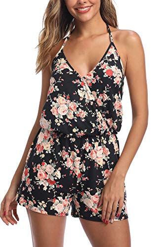MISS MOLY Mono Mujer Traje de Verano Cuello en V Trajes de Mameluco Correa de Espagueti Sin Mangas Halterneck Jumpsuit Playsuit Estampado Floral Small