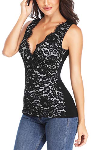 MISS MOLY Mujer Camiseta de Tirantes con Cuello en V Camisas Blusas Encaje Negro X-Large
