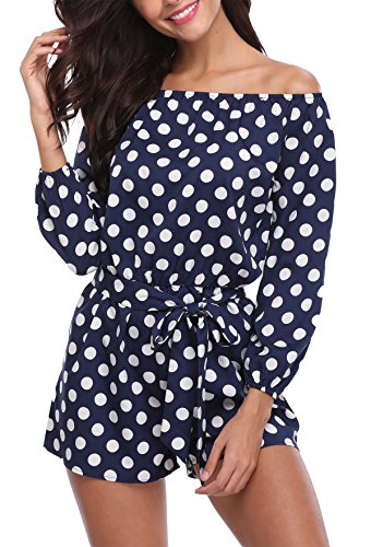 MISS MOLY Mujer Mono Jumpsuits Elegante Fuera del Hombro Bodysuit Verano Pantalones para Fiesta Playa Lunares Azul Marino Large