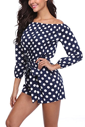 MISS MOLY Mujer Mono Jumpsuits Elegante Fuera del Hombro Bodysuit Verano Pantalones para Fiesta Playa Lunares Azul Marino Large