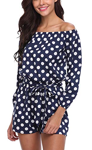 MISS MOLY Mujer Mono Jumpsuits Elegante Fuera del Hombro Bodysuit Verano Pantalones para Fiesta Playa Lunares Azul Marino Large