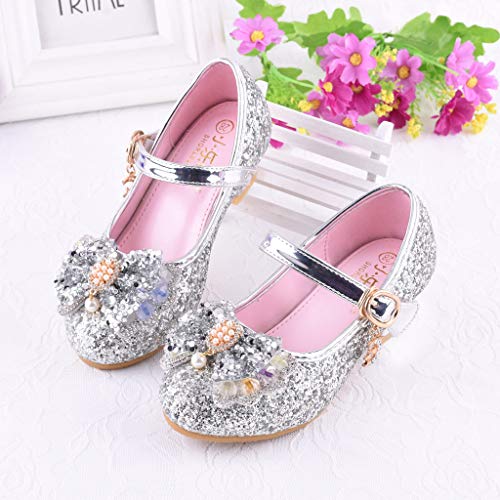 Mitlfuny Zapatos de Baile de Tango Latino para Niños Bailarina Vestir Fiesta Arco Princesa Sandalias Rhinestone Lentejuelas Zapatitos de Tacón Bebé Niña Primavera Verano Zapatillas Niñas 3-14 Años