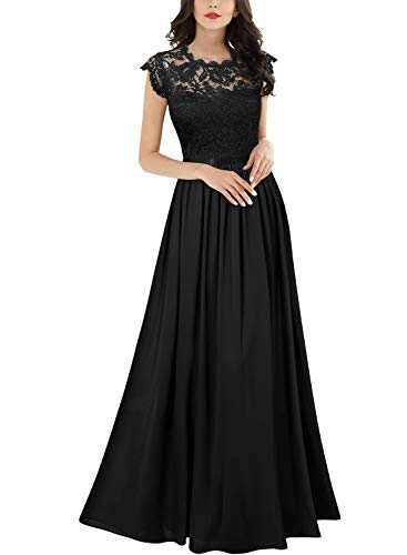 Miusol Elegante Encaje Gasa Fiesta Vestido Largo para Mujer Negro Small
