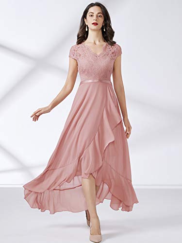 Miusol Encaje Gasa Alto Bajo Noche Vestido Largo para Mujer (Large, Rosa)