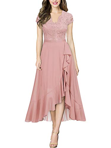 Miusol Encaje Gasa Alto Bajo Noche Vestido Largo para Mujer (Large, Rosa)