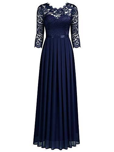 Miusol Encaje Gasa Noche Manga 3/4 Vestido Largo para Mujer Azul Large