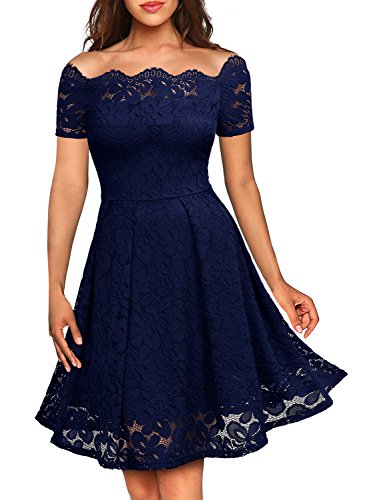 Miusol Vintage Encaje Completo Cóctel Vestidos para Mujer Azul Medium