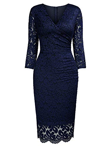 Miusol Vintage Encaje Lápiz Cuello en V Plisado Fiesta Vestido para Mujer Azul Large