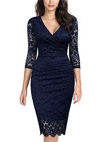 Miusol Vintage Encaje Lápiz Cuello en V Plisado Fiesta Vestido para Mujer Azul Large