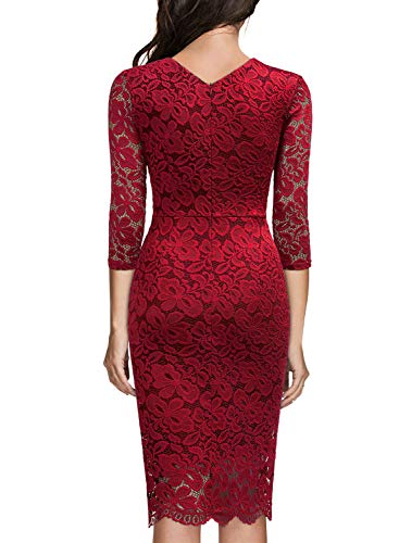Miusol Vintage Encaje Lápiz Cuello en V Plisado Fiesta Vestido para Mujer Rojo Small