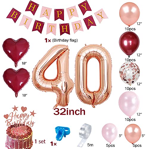 MMTX 40 Globos Cumpleaños Decoraciones de Borgoña con Globos de Aluminio Globos de Confeti de Oro Rosa Rojo Vino Torta de Banner para Niña Mujer Cumpleaños Aniversario Recuerdos de Fiesta
