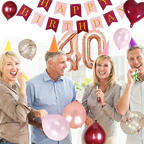 MMTX 40 Globos Cumpleaños Decoraciones de Borgoña con Globos de Aluminio Globos de Confeti de Oro Rosa Rojo Vino Torta de Banner para Niña Mujer Cumpleaños Aniversario Recuerdos de Fiesta