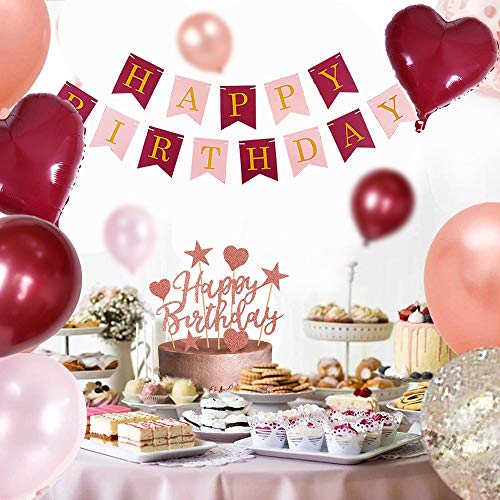 MMTX 40 Globos Cumpleaños Decoraciones de Borgoña con Globos de Aluminio Globos de Confeti de Oro Rosa Rojo Vino Torta de Banner para Niña Mujer Cumpleaños Aniversario Recuerdos de Fiesta