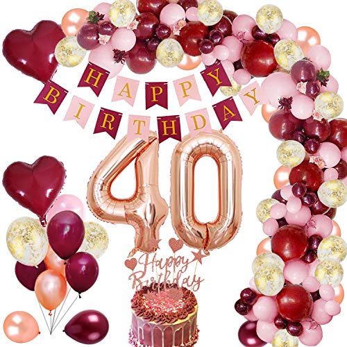 MMTX 40 Globos Cumpleaños Decoraciones de Borgoña con Globos de Aluminio Globos de Confeti de Oro Rosa Rojo Vino Torta de Banner para Niña Mujer Cumpleaños Aniversario Recuerdos de Fiesta