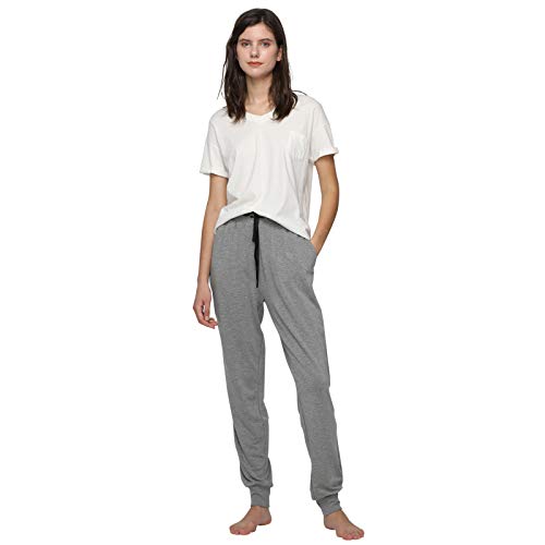 Mnemo - Pantalones de dormir para mujer, con bolsillos y cinta cómoda, para el tiempo libre gris mezclado L