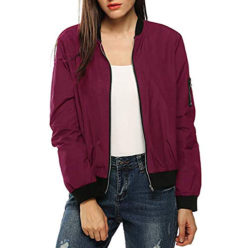 Moda Chaqueta Mujer Abrigo de Otoño Tops de Manga Larga Chaqueta de Cremallera Outwear Tops Color sólido Camiseta Slim Fit Baseball Chaqueta de Bombardero vpass
