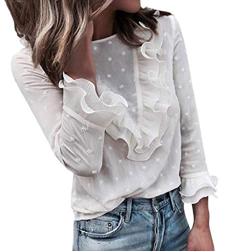 Moda Mujer Casual Encaje Sexy Lunares O Cuello Dulce Volante Camiseta Manga Larga Tops Blusa Luckycat (Blanco, Grande)