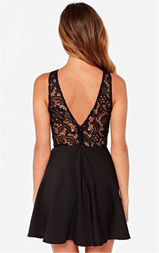 Moda Sin Mangas Flor Flores Detalles de Encaje Espalda Abierta Escotado por Detrás Chifón Minivestido Mini de Corte A-Line en línea Skater Plisado Negro Dress Vestido S