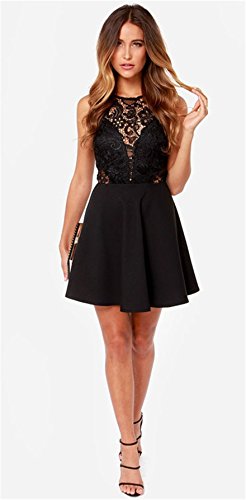 Moda Sin Mangas Flor Flores Detalles de Encaje Espalda Abierta Escotado por Detrás Chifón Minivestido Mini de Corte A-Line en línea Skater Plisado Negro Dress Vestido S