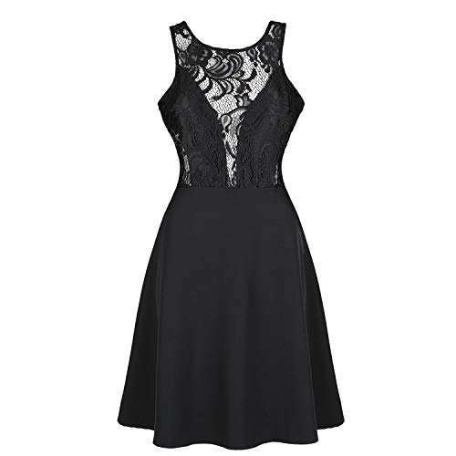 Moda Sin Mangas Flor Flores Detalles de Encaje Espalda Abierta Escotado por Detrás Chifón Minivestido Mini de Corte A-Line en línea Skater Plisado Negro Dress Vestido S