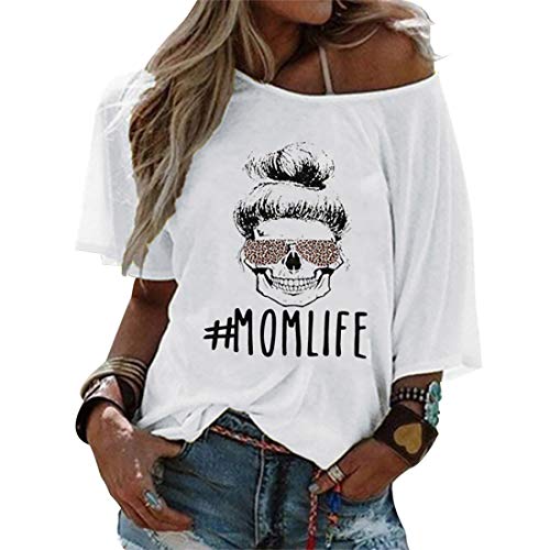 Mom Life - Camiseta para mujer con diseño de calavera y leopardo, con hombros descubiertos Blanco L
