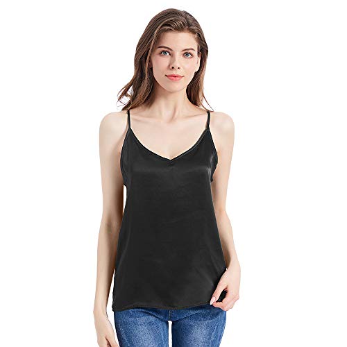 Mommesilk Top Mujer Tirantes Ajustables Camiseta Tirante para Niña Camisa Tirante Básico 100% Seda de Mora Natural de 16 Momme, Negro S