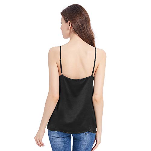 Mommesilk Top Mujer Tirantes Ajustables Camiseta Tirante para Niña Camisa Tirante Básico 100% Seda de Mora Natural de 16 Momme, Negro S