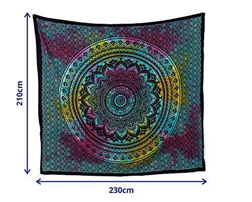 MOMOMUS Tapiz de Pared de Mandala - Hecho a Mano, de Algodón y Tintes Vegetales - Multicolor, de Inspiración Simétrica, Pareo/Toalla de Playa Grande - Elegante y Bohemio - 210x230cm Aprox.