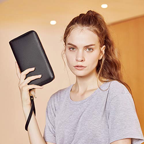 Monedero de Cuero Mujer Suave Cuero de Cera de Aceite Largo Femenino Cartera Delgado con Titular de la Tarjeta Negro