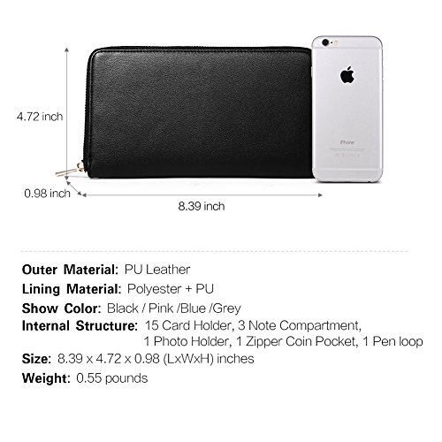 Monedero de Cuero Mujer Suave Cuero de Cera de Aceite Largo Femenino Cartera Delgado con Titular de la Tarjeta Negro