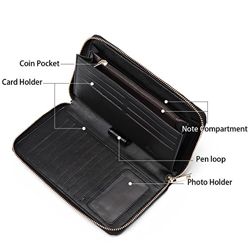 Monedero de Cuero Mujer Suave Cuero de Cera de Aceite Largo Femenino Cartera Delgado con Titular de la Tarjeta Negro