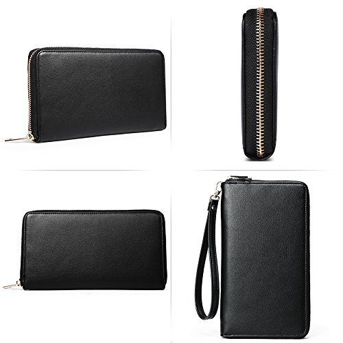 Monedero de Cuero Mujer Suave Cuero de Cera de Aceite Largo Femenino Cartera Delgado con Titular de la Tarjeta Negro