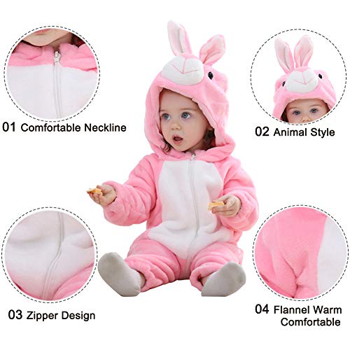 Mono Bebés, Mameluco de bebé con Capucha Franela Monos Estilo Animal Trajes Recién Nacido Unisex Primavera Otoño Invierno Trajes para bebés de 2 a 24 Meses (13-18 Meses, Conejo Rosa)