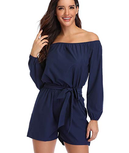 Mono Corto de Mujer Overol Elegante Trajes de 3/4 Mangas Corbata Azul Marino sin Tirantes Ropa de Fiesta - M