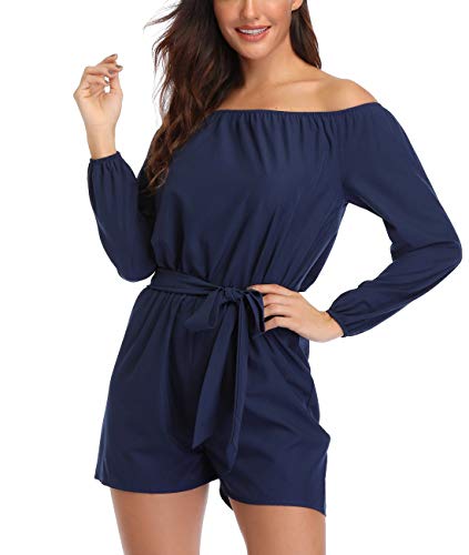 Mono Corto de Mujer Overol Elegante Trajes de 3/4 Mangas Corbata Azul Marino sin Tirantes Ropa de Fiesta - M