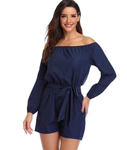 Mono Corto de Mujer Overol Elegante Trajes de 3/4 Mangas Corbata Azul Marino sin Tirantes Ropa de Fiesta - M