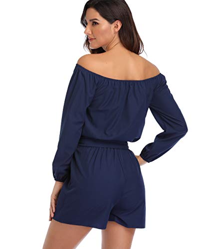 Mono Corto de Mujer Overol Elegante Trajes de 3/4 Mangas Corbata Azul Marino sin Tirantes Ropa de Fiesta - M