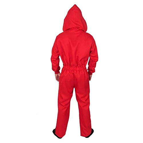 Mono de Ladrón de Banco para Carnaval,Disfraz de Ladrón Mono rojo de Manga Larga con Capucha,Conjunto de Cosplay Disfraces Máscara y ametralladora,Disfraz de Carnival Disfraz (Child-L-135-145)