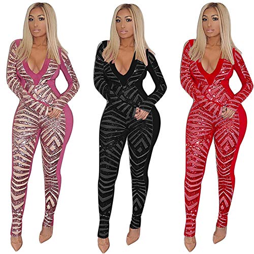Mono de Lentejuelas Brillantes con Cuello en V Profundo Monos de Invierno de Manga Larga Bodycon Monos Sexy Monos de Fiesta con Purpurina Club en General