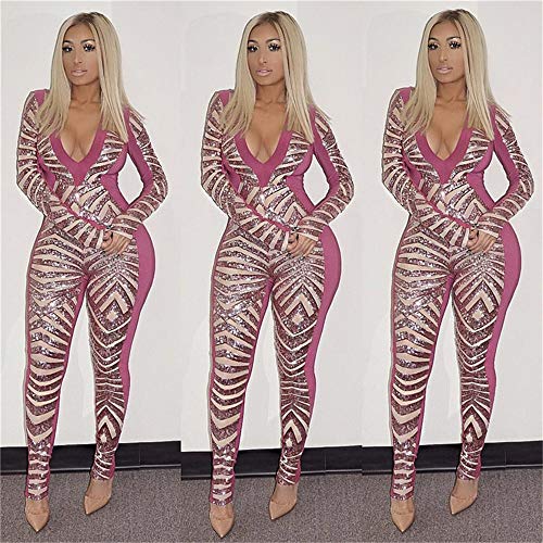 Mono de Lentejuelas Brillantes con Cuello en V Profundo Monos de Invierno de Manga Larga Bodycon Monos Sexy Monos de Fiesta con Purpurina Club en General