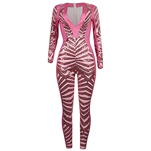 Mono de Lentejuelas Brillantes con Cuello en V Profundo Monos de Invierno de Manga Larga Bodycon Monos Sexy Monos de Fiesta con Purpurina Club en General